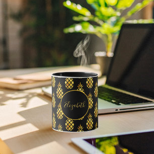 Golden pineapple on black gold name mug