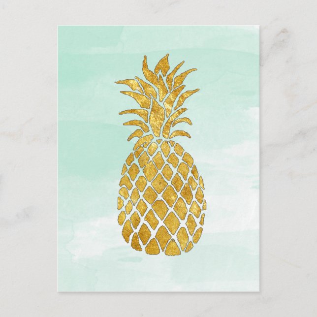 golden pineapple on watercolor mint postcard (Front)