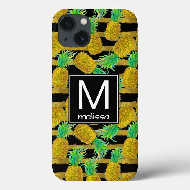 Golden Pineapples On Stripes | Monogram Case-Mate iPhone Case (Back)