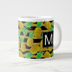 Golden Pineapples On Stripes Monogram Large Coffee Mug
