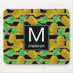 Golden Pineapples On Stripes   Monogram Mouse Pad