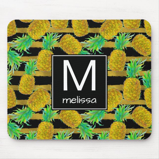 Golden Pineapples On Stripes | Monogram Mouse Pad (Front)