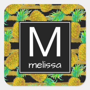 Golden Pineapples On Stripes Monogram Square Sticker