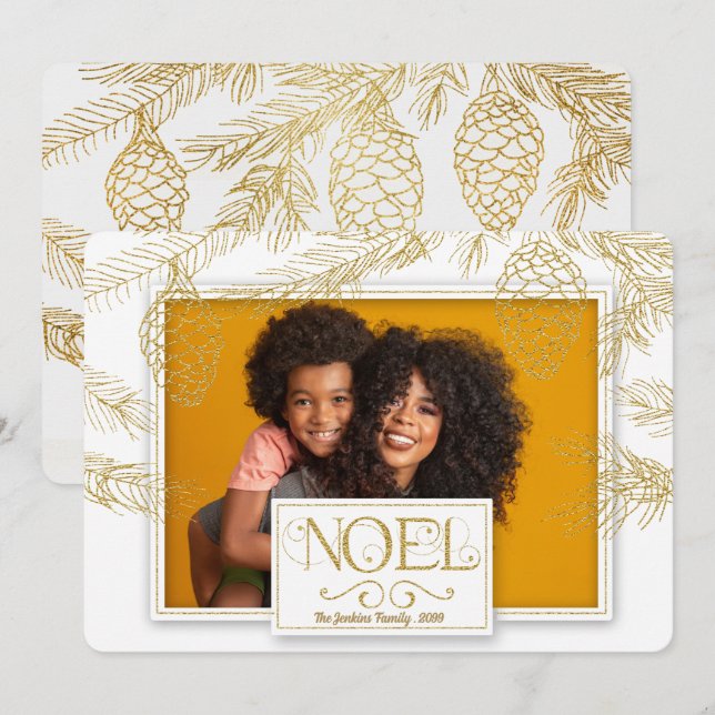 Golden Pines Noel Botanical Photo Holiday Card (Front/Back)