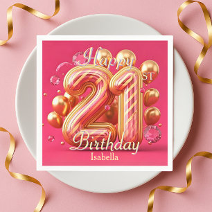 Golden Pink Glam Chic 21st Birthday Balloons Napkin