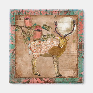 Golden Pink Gypsy Owls & Ornate Buck Magnet
