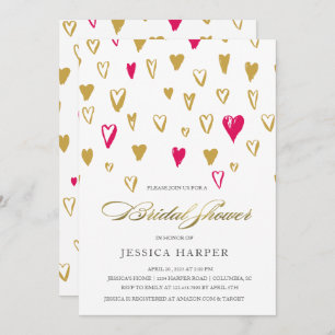 Golden pink hearts bridal shower invitation