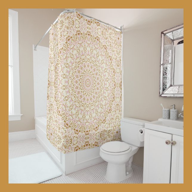 Golden Pink Mandala Radiant Geometric Sunburst Shower Curtain (Creator Uploaded)