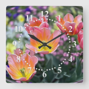 Golden pink tulips square wall clock