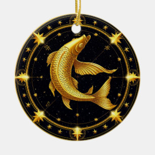 Golden Pisces Zodiac Symbol Surrounded by Stars Ceramic Tree Decoration