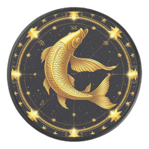 Golden Pisces Zodiac Symbol Surrounded by Stars Hockey Puck