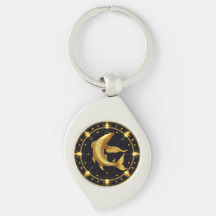 Golden Pisces Zodiac Symbol Surrounded by Stars Key Ring