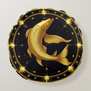 Golden Pisces Zodiac Symbol Surrounded by Stars Round Cushion
