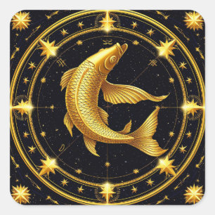 Golden Pisces Zodiac Symbol Surrounded by Stars Square Sticker