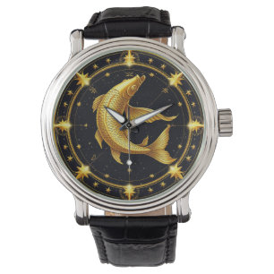 Golden Pisces Zodiac Symbol Surrounded by Stars Watch