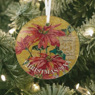 Golden Poinsettia Personalized 20XX Fine Art Glass Tree Decoration