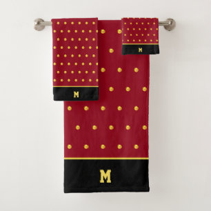 Golden Polka Dots & Monogram on Burgundy & Black Bath Towel Set
