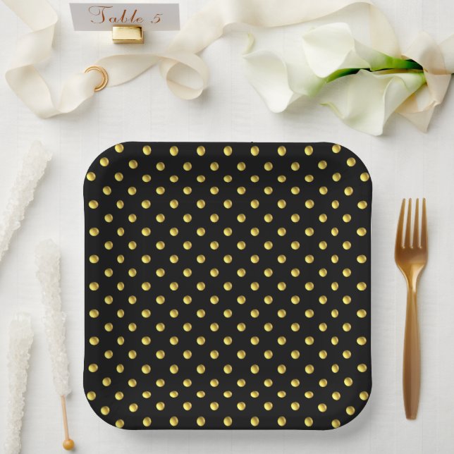 Golden Polka Dots on Black Paper Plate (Wedding)