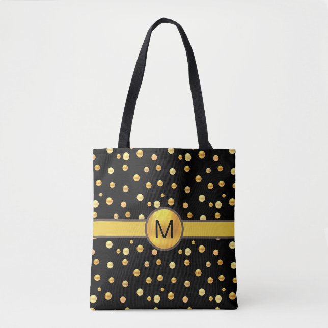 Golden Polka Dots on Black Tote Bag (Front)