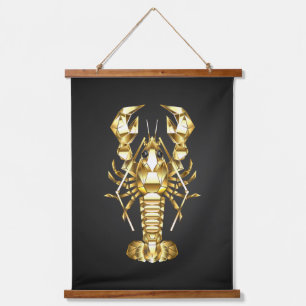 Golden polygonal lobster crawfish on black hanging tapestry