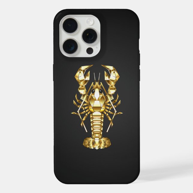 Golden polygonal lobster crawfish on black iPhone case (Back)