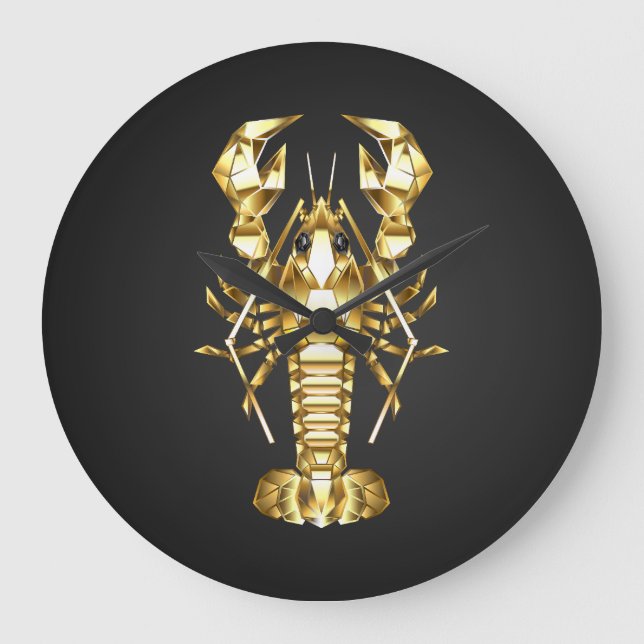 Golden polygonal lobster crawfish on black large clock (Front)