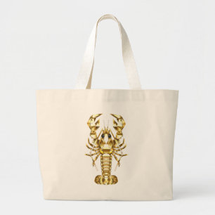 Golden polygonal lobster crawfish on black large tote bag