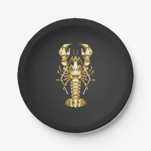 Golden polygonal lobster crawfish on black paper plate