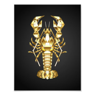 Golden polygonal lobster crawfish on black photo print