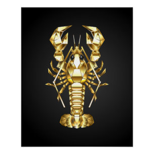 Golden polygonal lobster crawfish on black poster