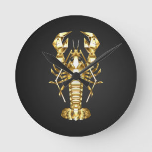 Golden polygonal lobster crawfish on black round clock