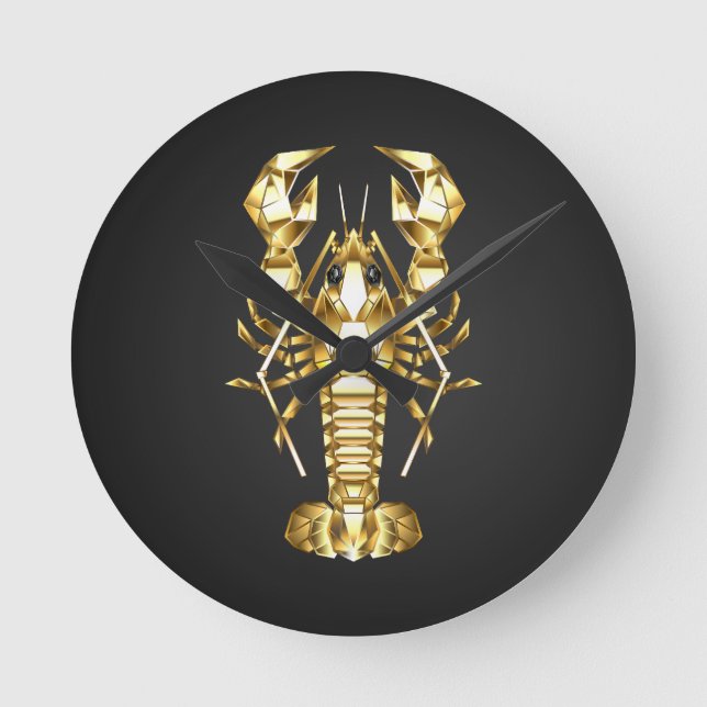 Golden polygonal lobster crawfish on black round clock (Front)
