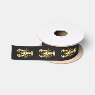 Golden polygonal lobster crawfish on black satin ribbon