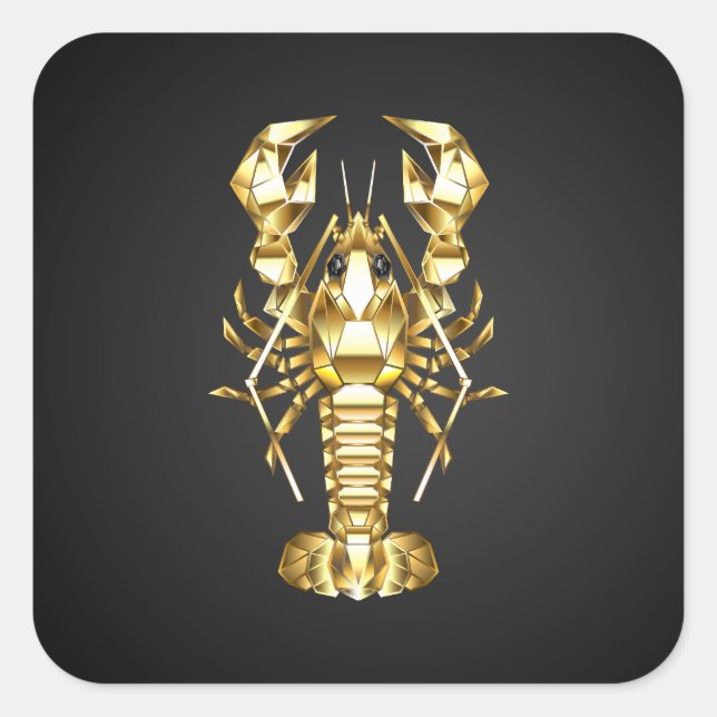 Golden polygonal lobster crawfish on black square sticker (Front)