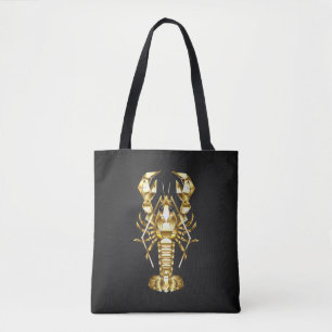 Golden polygonal lobster crawfish on black tote bag