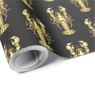 Golden polygonal lobster crawfish on black wrapping paper