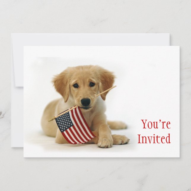 Golden Puppy and American Flag Invitation (Front)