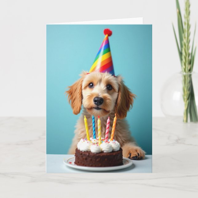 Golden Puppy Party Hat Card (Front)