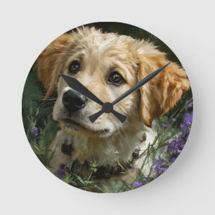 Golden Puppy Wildflower Gaze Round Clock