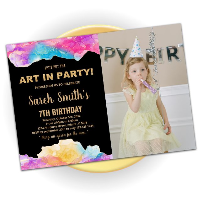 Golden Purple Paint Birthday With Photo Invitation (Creator Uploaded)