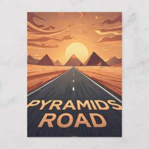 Golden Pyramids Road Egypt Sunset Art Postcard