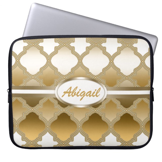 Golden Quatrefoil Moroccan Lattice Pattern Laptop Sleeve (Front)