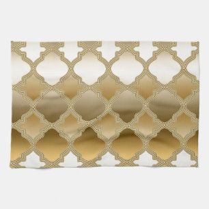 Golden Quatrefoil Moroccan Lattice Pattern Tea Towel