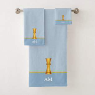Golden Queen & Monogram on Light Wondrous Blue Bath Towel Set