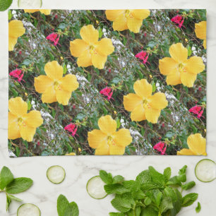 "Golden Radiance: Yellow Hibiscus Flower on a Tree Tea Towel