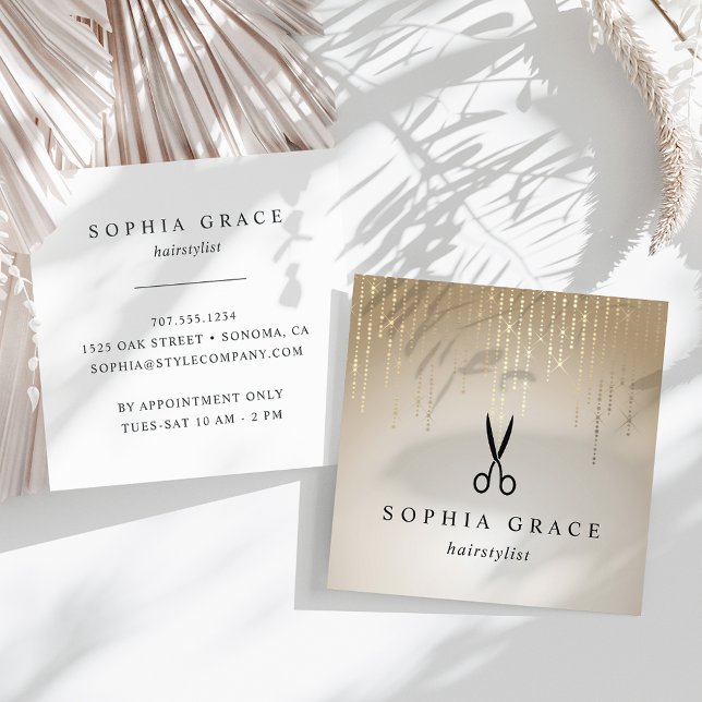 Golden Rain Hairstylist Scissors Square Business Card (Creator Uploaded)