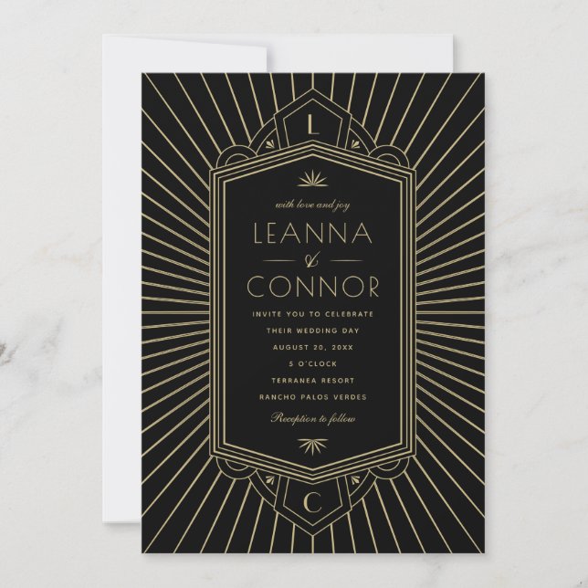 Golden Rays Initials Art Deco Wedding Invitation (Front)