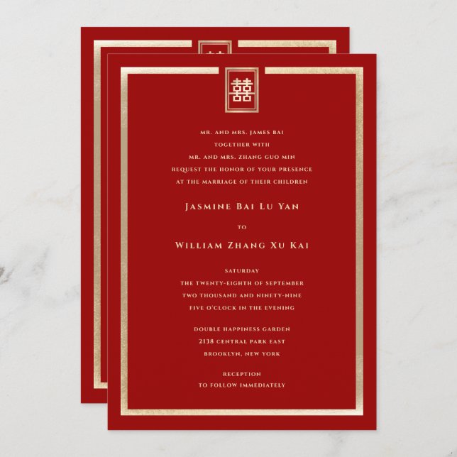 Golden Rectangle Double Happiness Chinese Wedding Invitation (Front/Back)