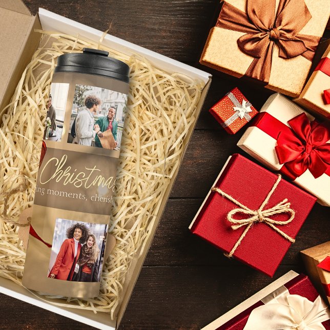 Golden Red 5 Photo Template Stylish Christmas Thermal Tumbler (Creator Uploaded)