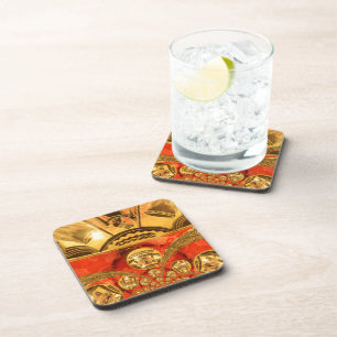 Golden red African traditional art Coaster